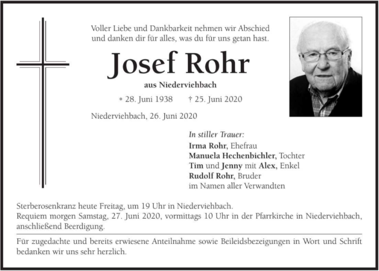 Nachruf Ehrenvorstand Josef Rohr – KSK Niederviehbach